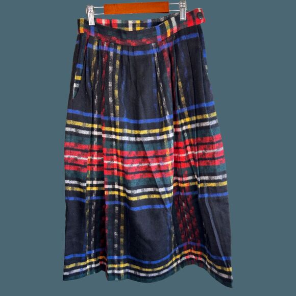 Vintage 70s Code: 7 Wool Plaid Skirt w/ Pockets - Picture 1 of 7